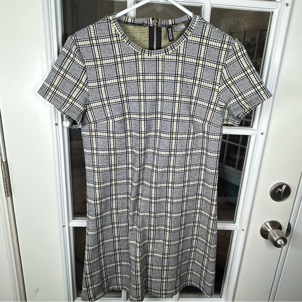 Mod Black and Yellow Plaid Mini Dress Zipper Retro Size 12 junior